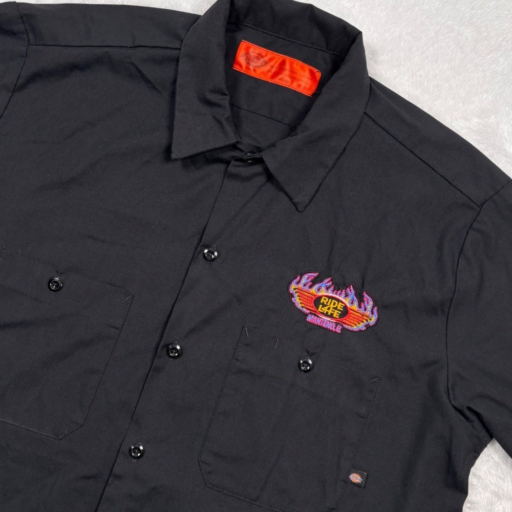 Dickies Button Shirt Mens L Black Ride 4 Life Flame Wings Pistons Biker Mechanic